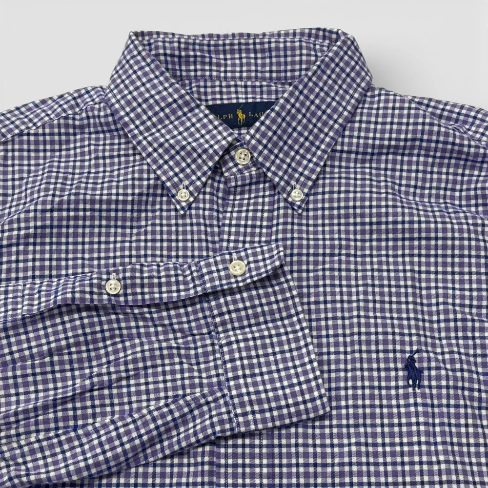 Polo Ralph Lauren Mens Gingham Button Down Shirt Long Sleeve Purple Large Cotton